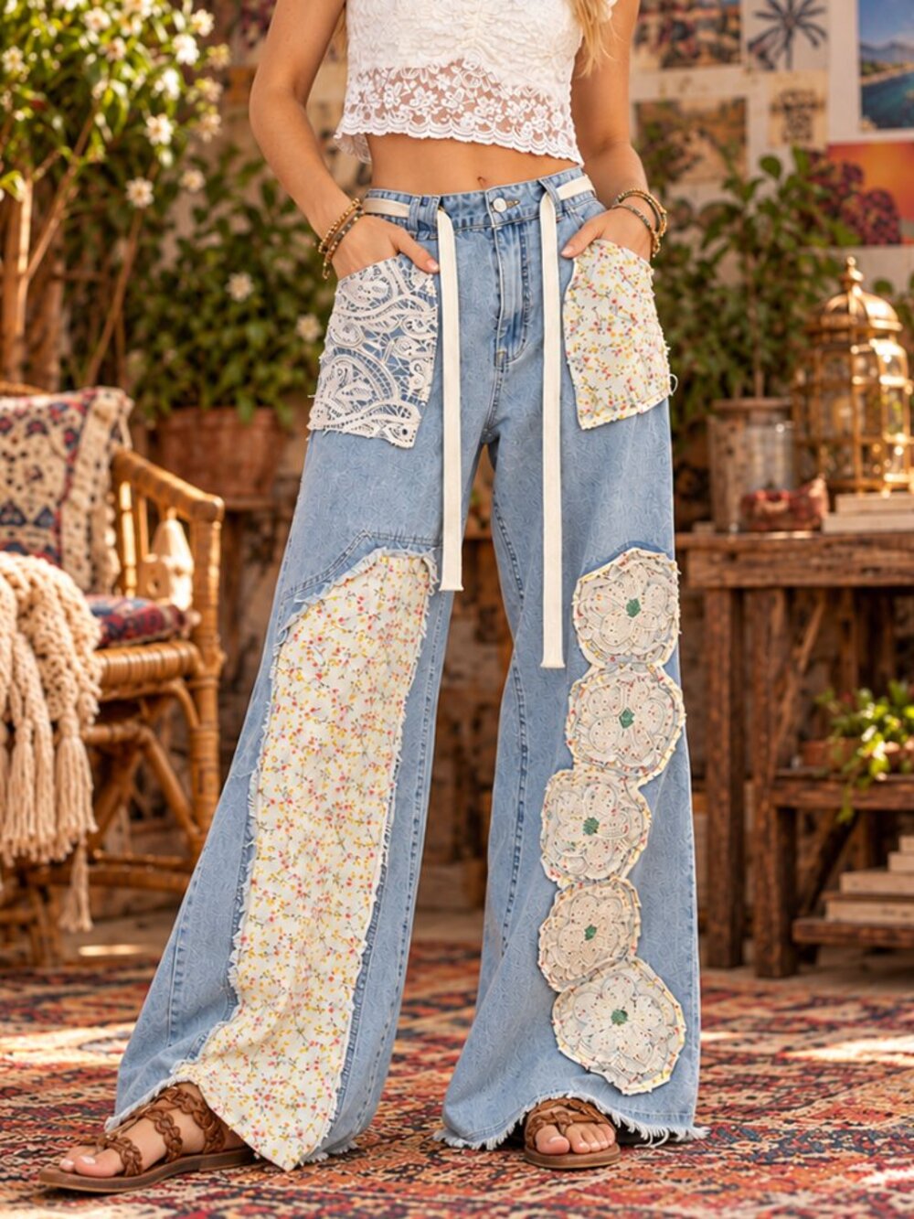 POL Boho Patchwork Wide Leg Jeans Floral Crochet Lace Cotton Denim NWT